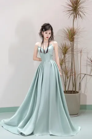 Unique Satin Floor Length Prom Dress, A Line Strapless Formal Evening Dress APP0812