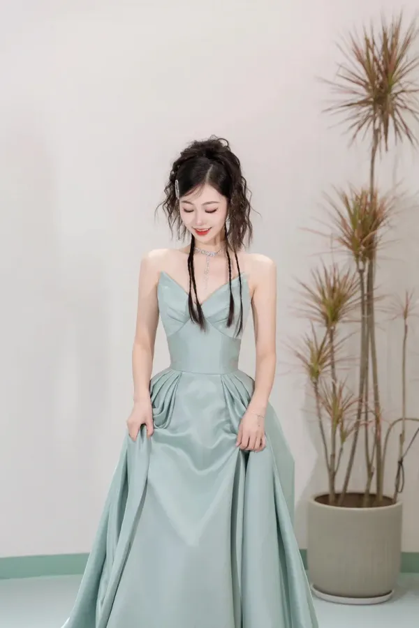 Unique Satin Floor Length Prom Dress, A Line Strapless Formal Evening Dress APP0812