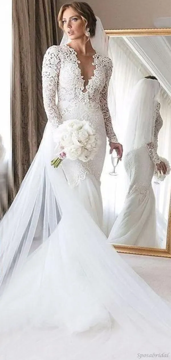 V-neck Long Sleeves Lace Top Mermaid Long Tail Wedding Dress, WD3063