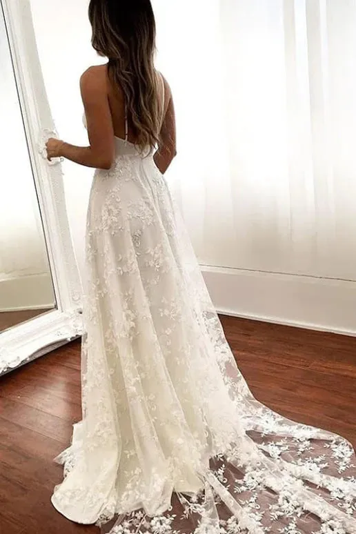 V-Neck Open Back Long Ivory Wedding Dresses Bridal Gowns With Split TN350