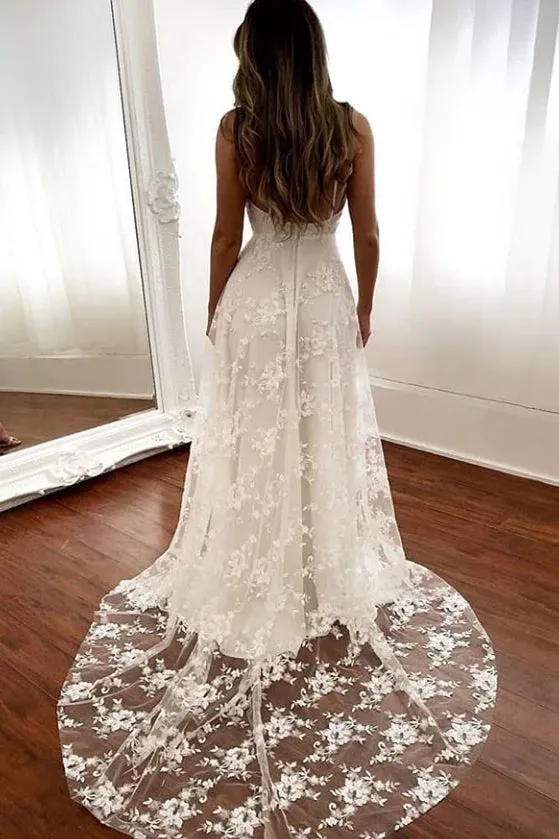 V-Neck Open Back Long Ivory Wedding Dresses Bridal Gowns With Split TN350