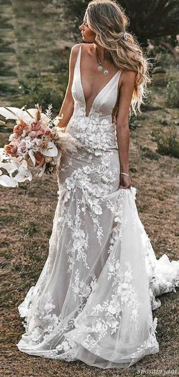V-Neck Rustic Trumpet Lace Beach Mermaid Long Wedding Dresses, WD00590
