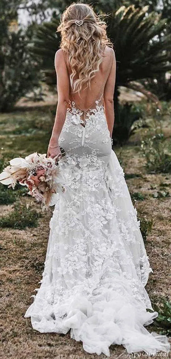 V-Neck Rustic Trumpet Lace Beach Mermaid Long Wedding Dresses, WD00590