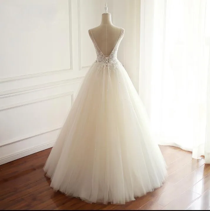 V Neck Tulle Ivory Lace Weeding Dresses with beads, Floor-length Lace Up Back Formal Bridal Gowns, WD0294