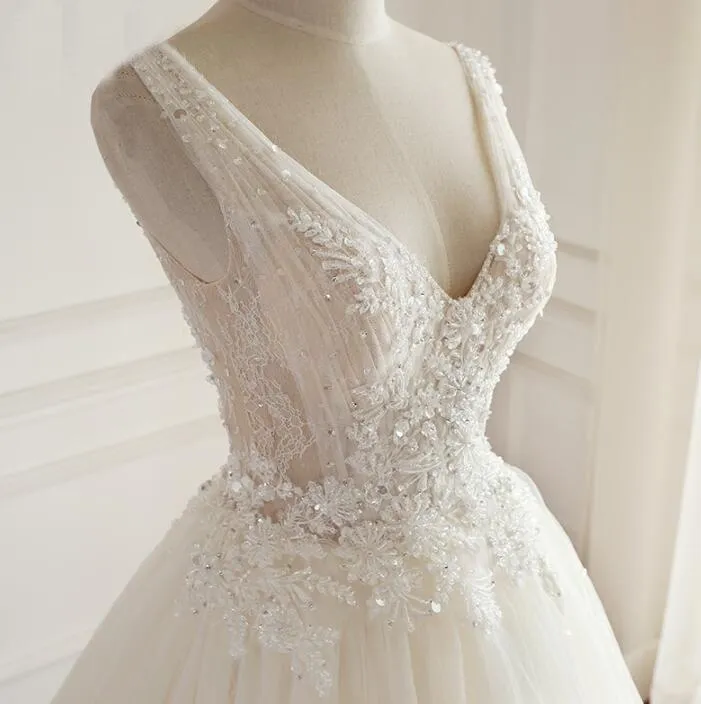 V Neck Tulle Ivory Lace Weeding Dresses with beads, Floor-length Lace Up Back Formal Bridal Gowns, WD0294