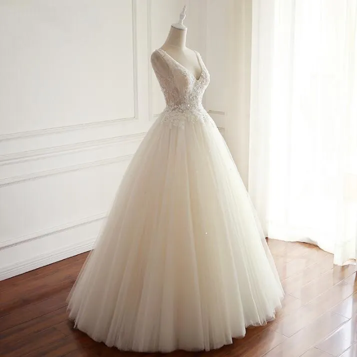 V Neck Tulle Ivory Lace Weeding Dresses with beads, Floor-length Lace Up Back Formal Bridal Gowns, WD0294