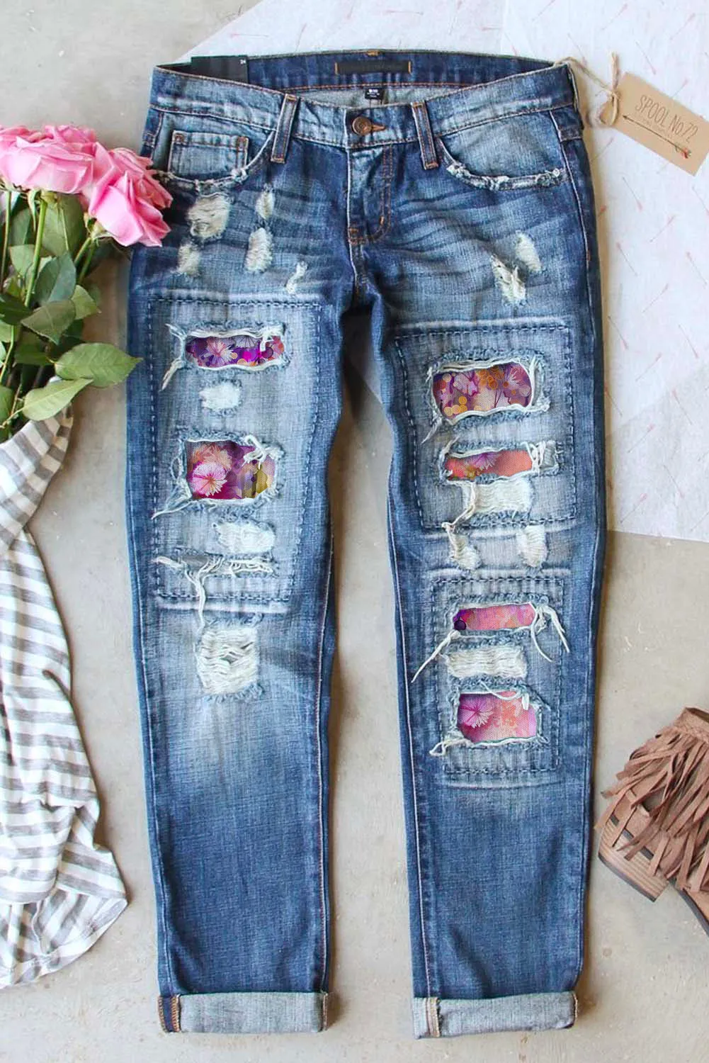 Valentine Heart Patchwork Distressed Straight Leg Jeans