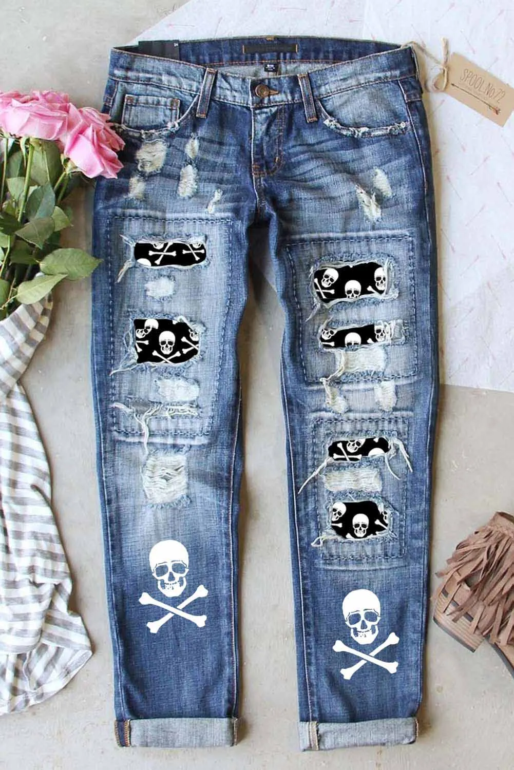 Valentine Heart Patchwork Distressed Straight Leg Jeans