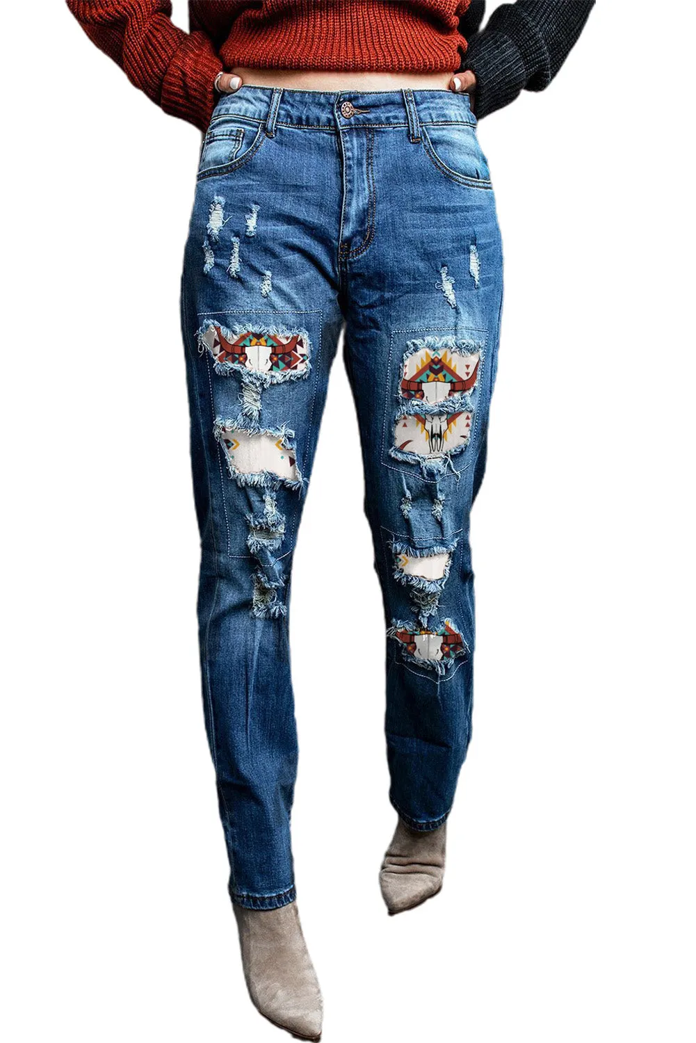 Valentine Heart Patchwork Distressed Straight Leg Jeans