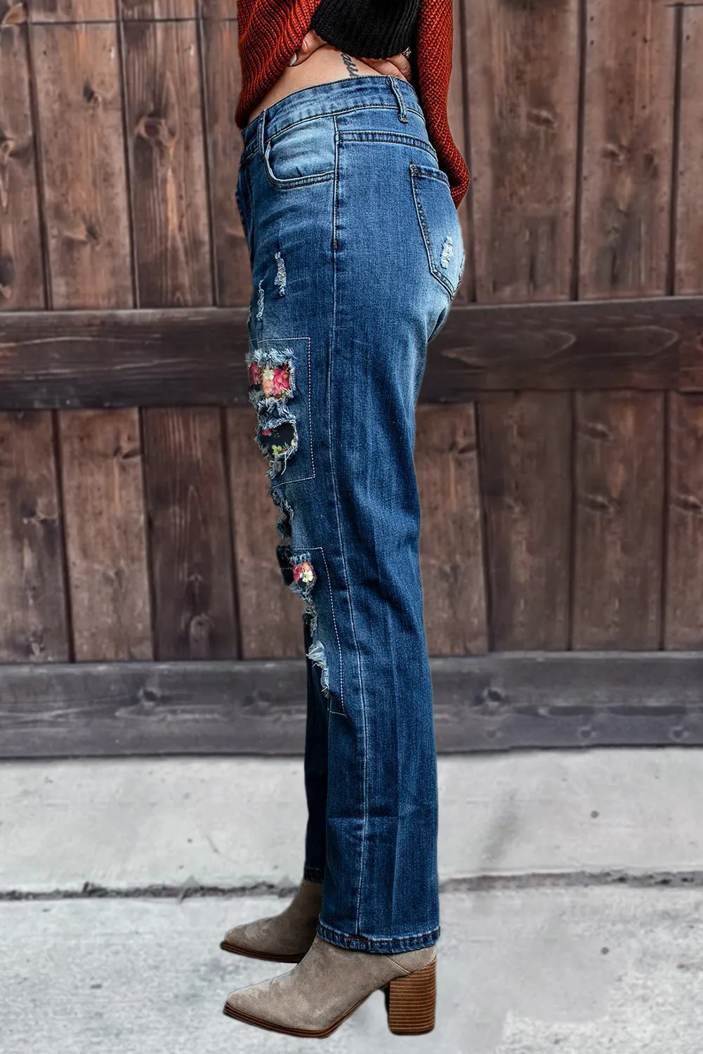 Valentine Heart Patchwork Distressed Straight Leg Jeans