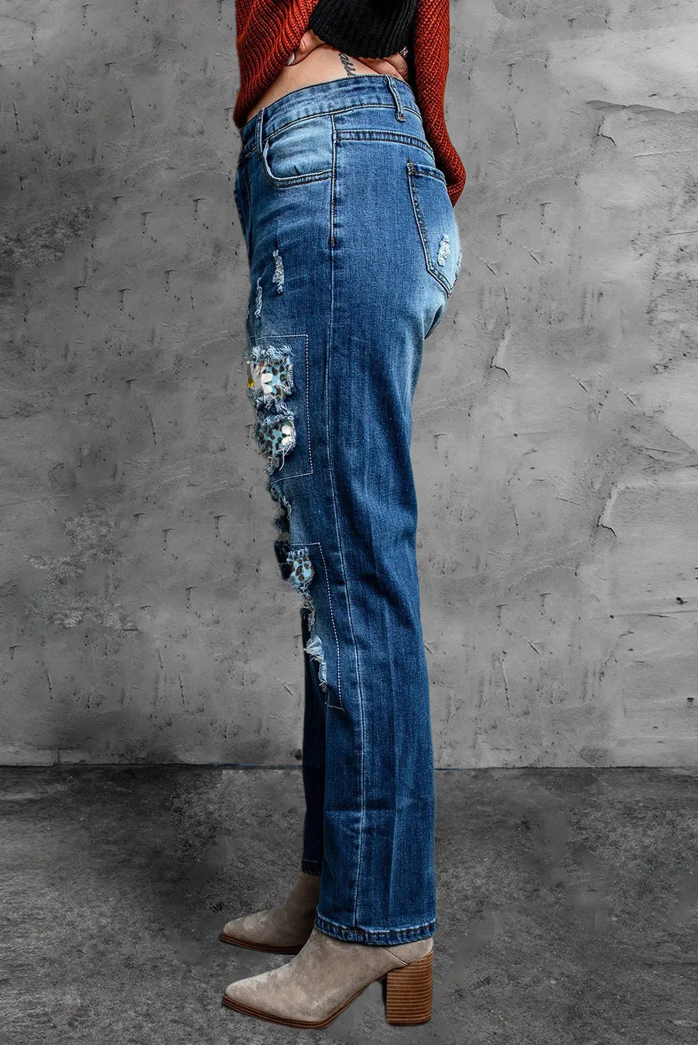 Valentine Heart Patchwork Distressed Straight Leg Jeans