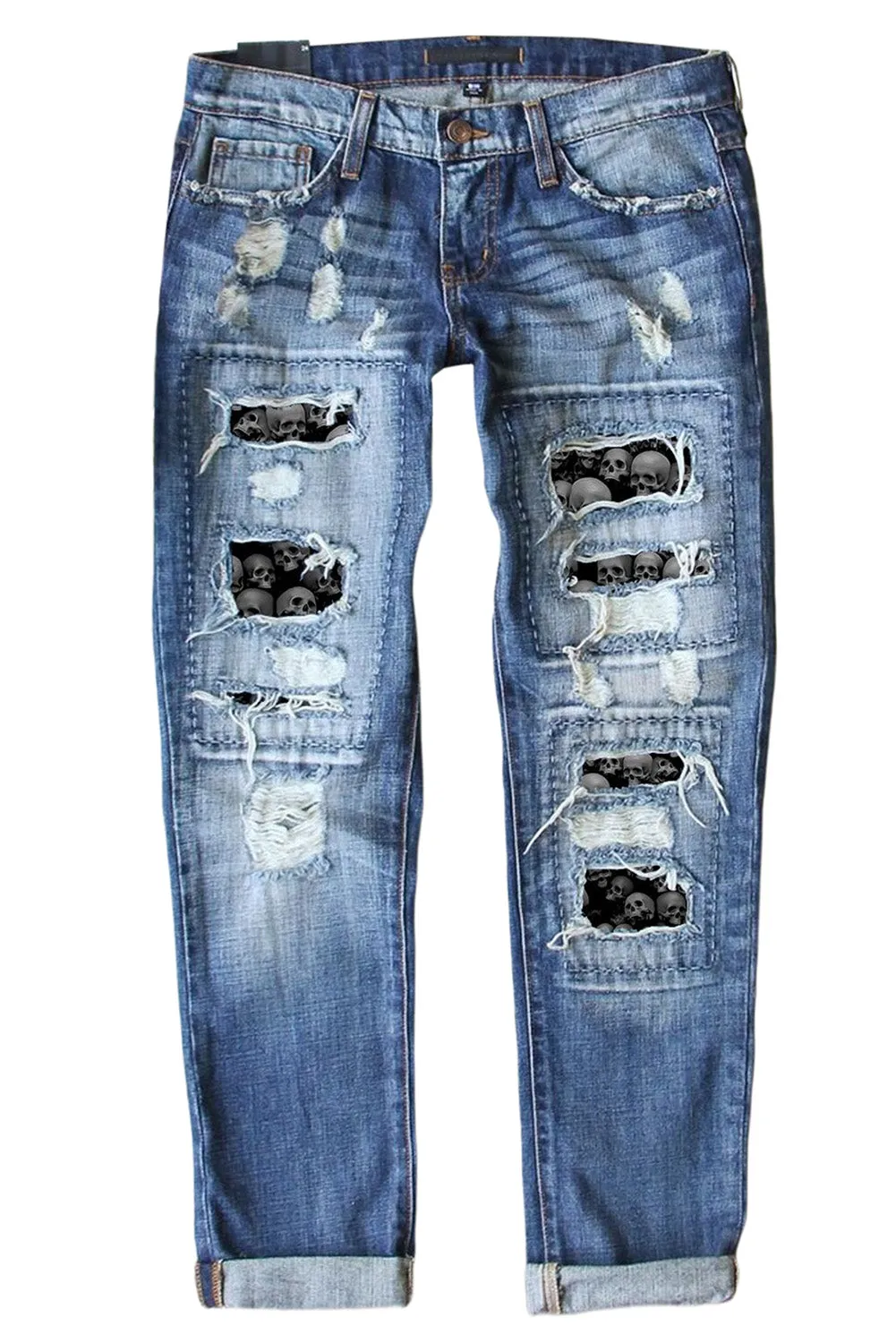 Valentine Heart Patchwork Distressed Straight Leg Jeans