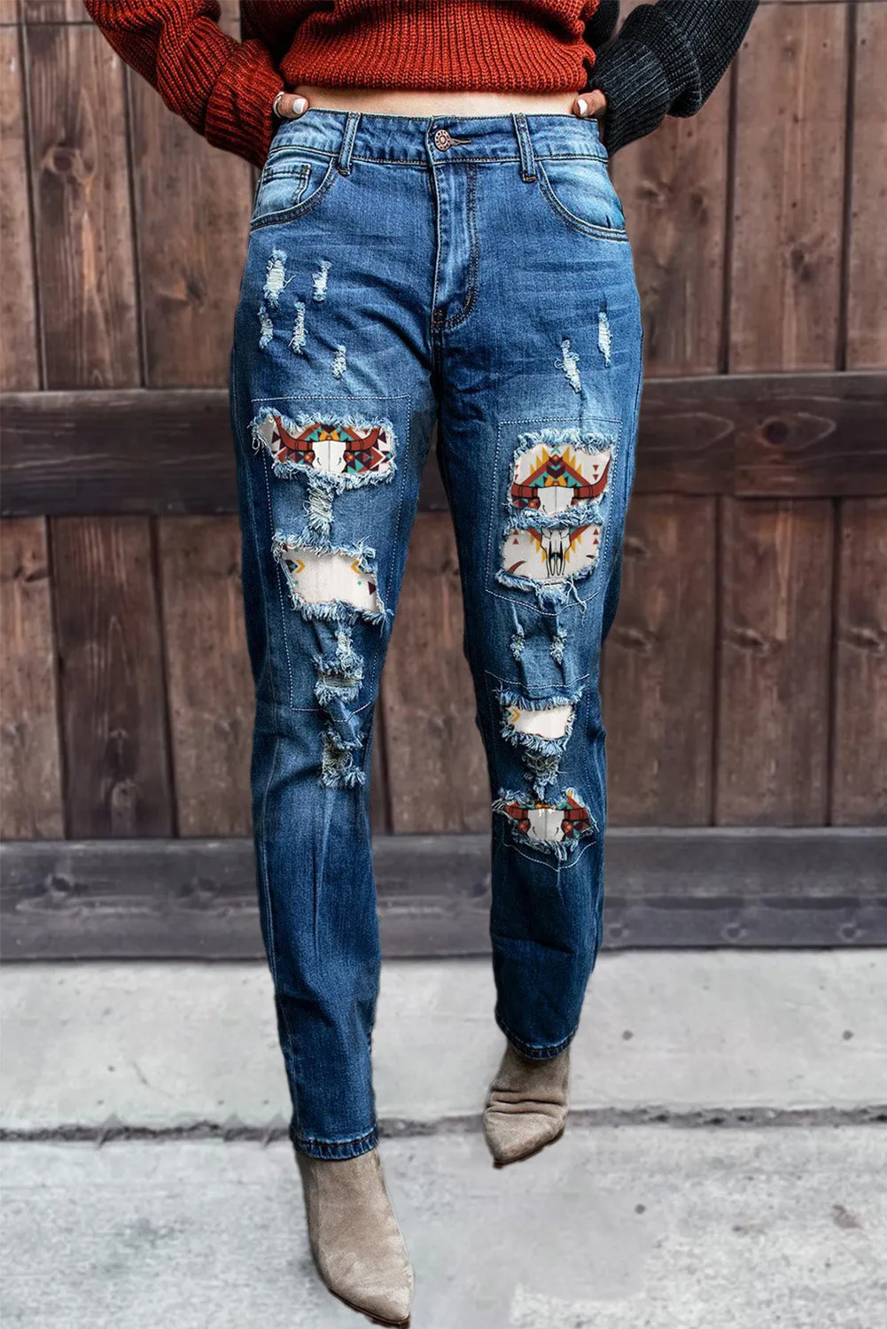 Valentine Heart Patchwork Distressed Straight Leg Jeans