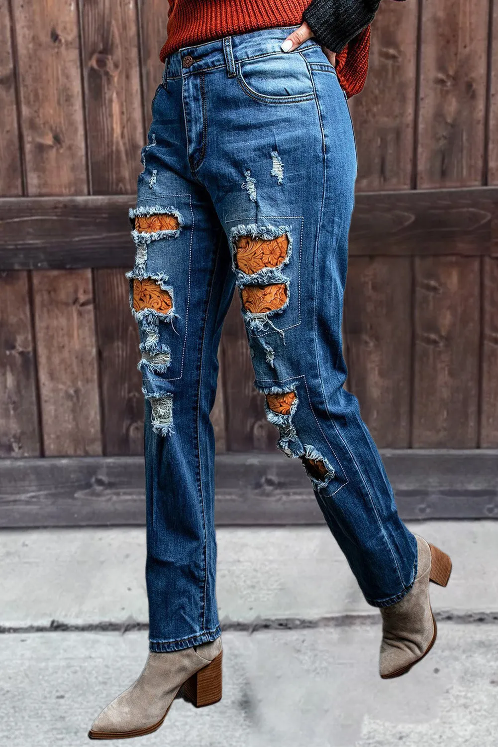 Valentine Heart Patchwork Distressed Straight Leg Jeans