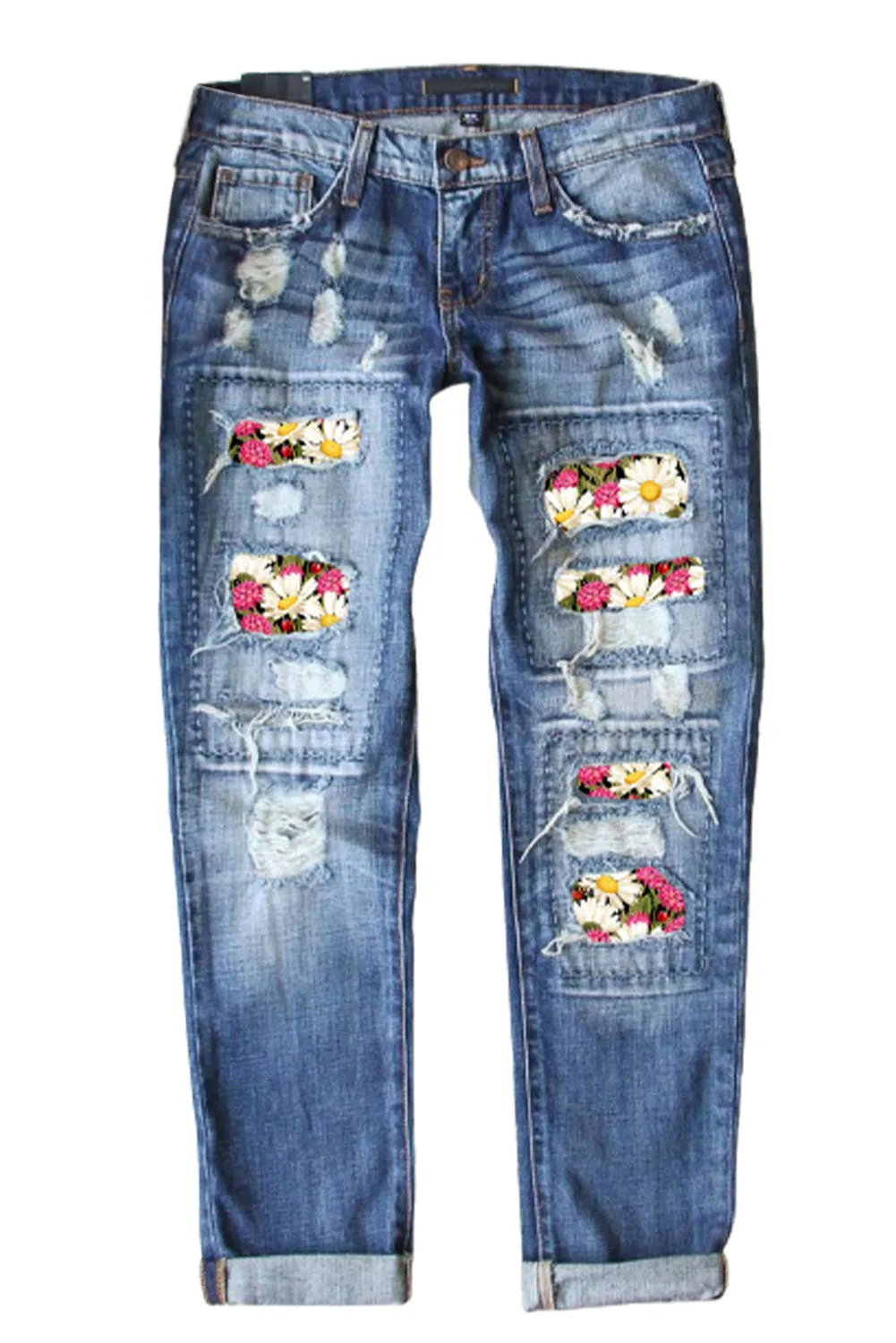Valentine Heart Patchwork Distressed Straight Leg Jeans