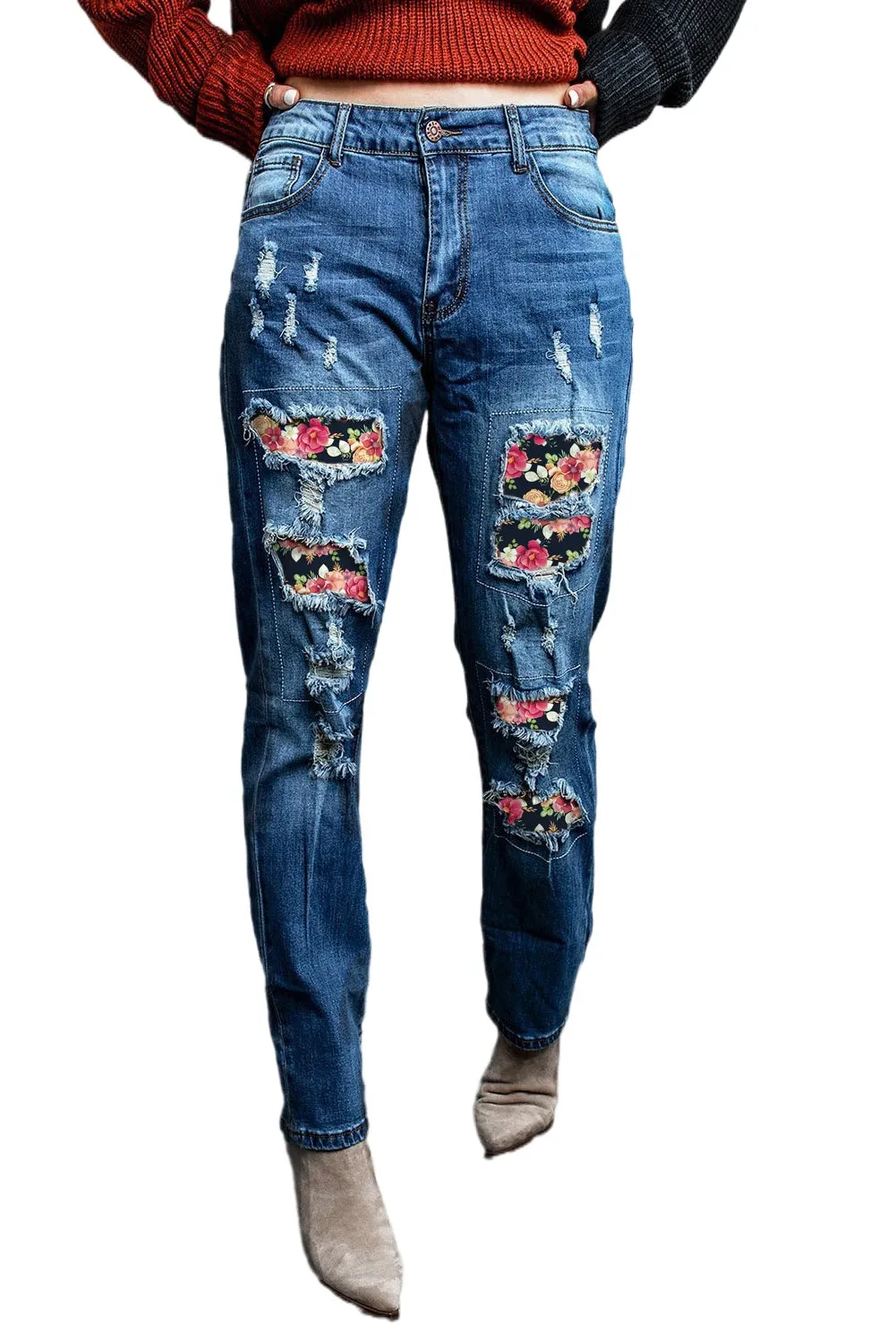 Valentine Heart Patchwork Distressed Straight Leg Jeans