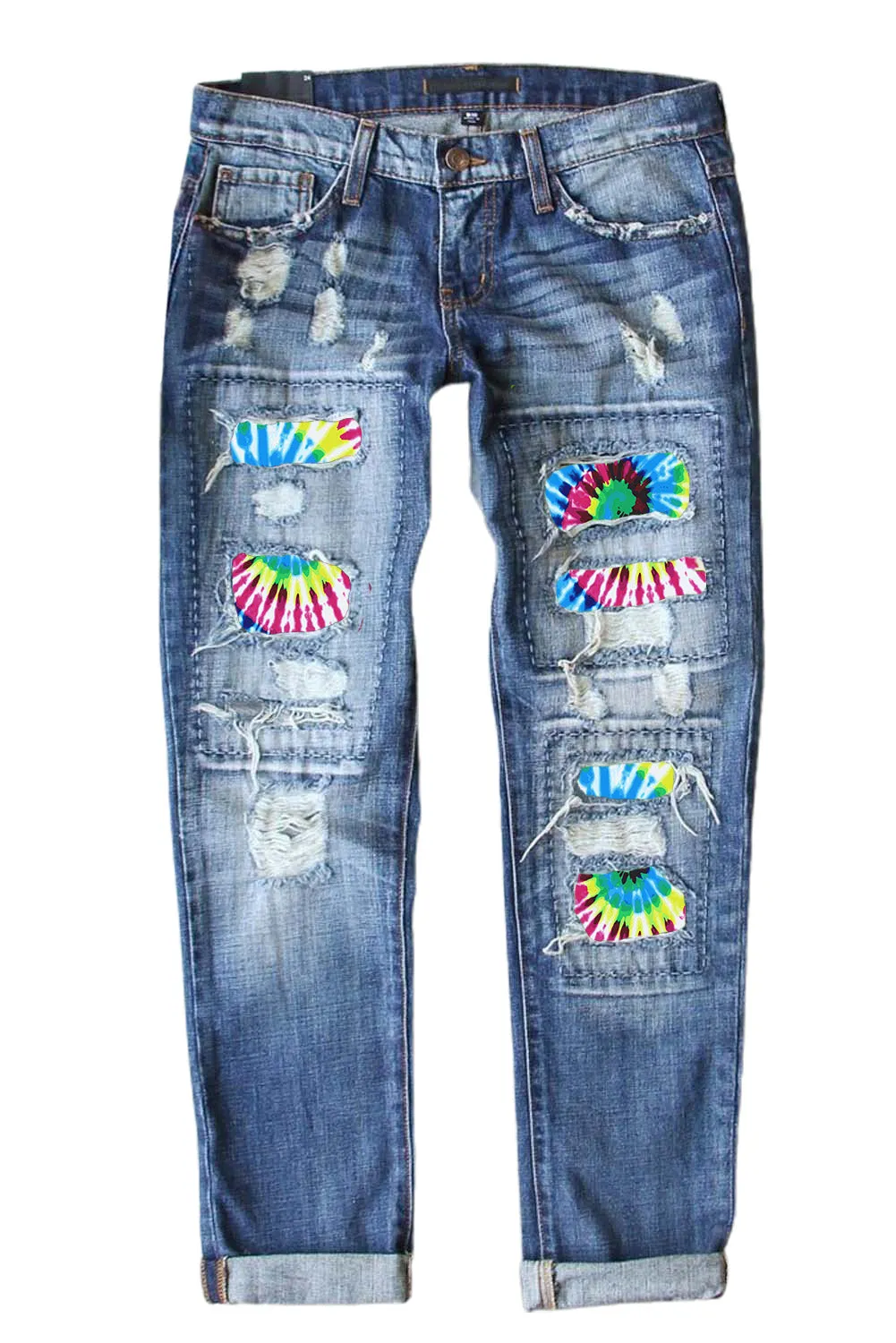 Valentine Heart Patchwork Distressed Straight Leg Jeans