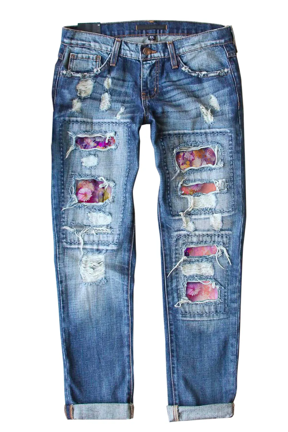 Valentine Heart Patchwork Distressed Straight Leg Jeans