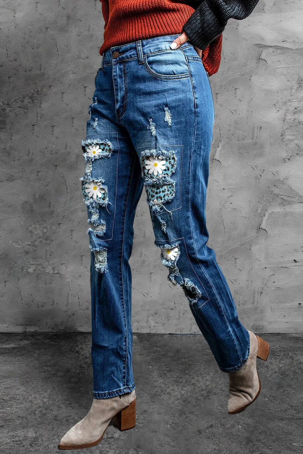 Valentine Heart Patchwork Distressed Straight Leg Jeans