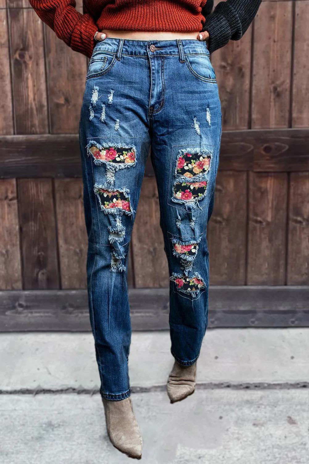 Valentine Heart Patchwork Distressed Straight Leg Jeans