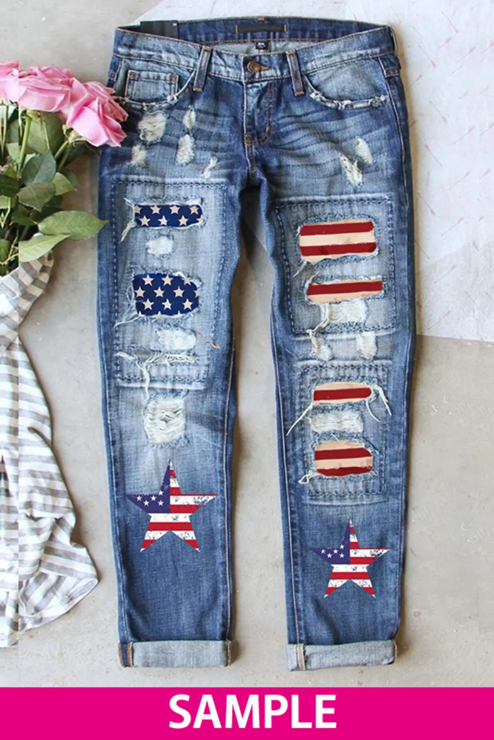 Valentine Heart Patchwork Distressed Straight Leg Jeans