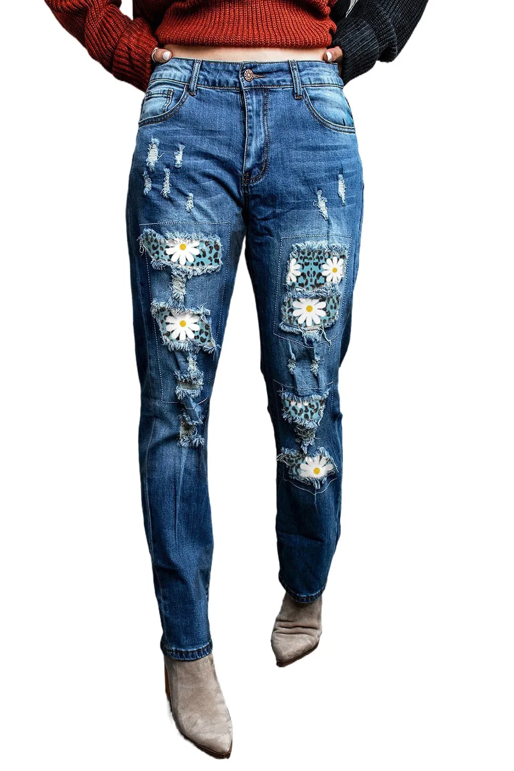 Valentine Heart Patchwork Distressed Straight Leg Jeans