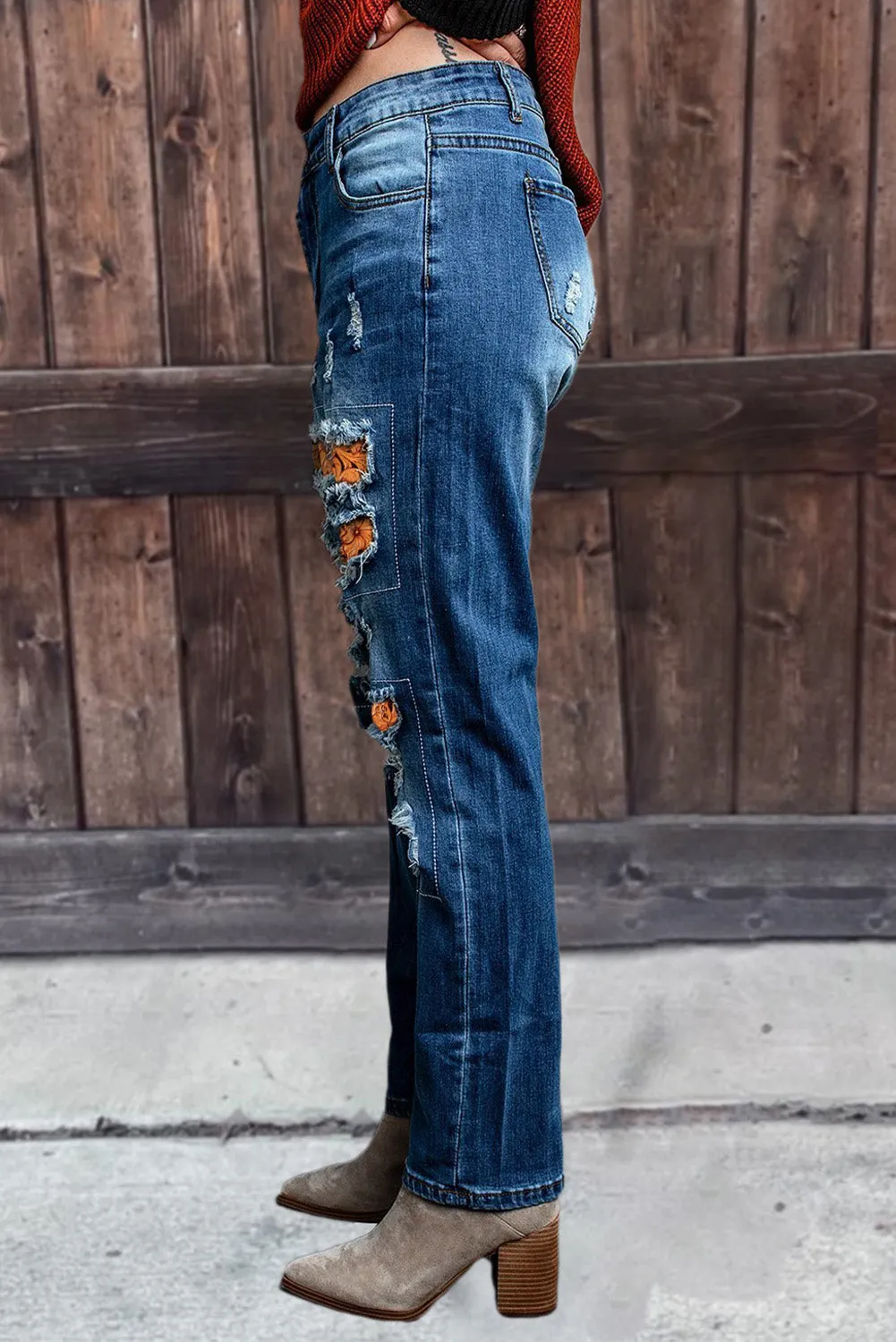 Valentine Heart Patchwork Distressed Straight Leg Jeans