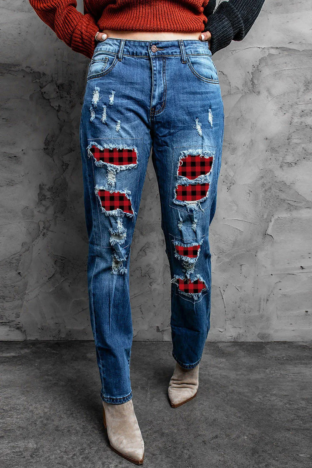 Valentine Heart Patchwork Distressed Straight Leg Jeans