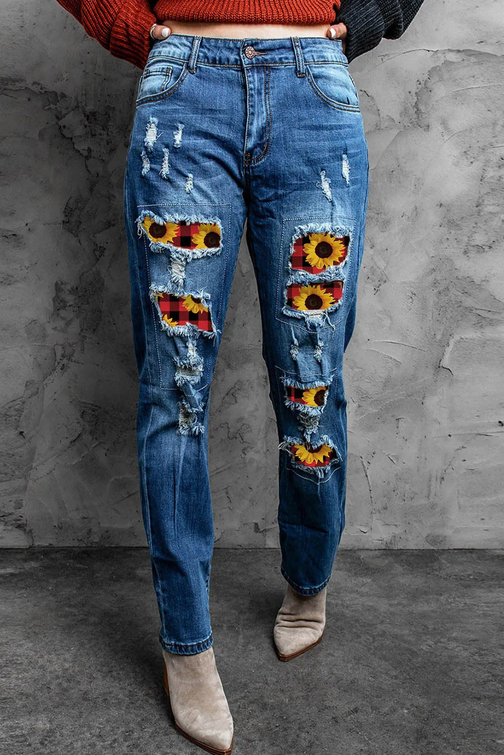 Valentine Heart Patchwork Distressed Straight Leg Jeans