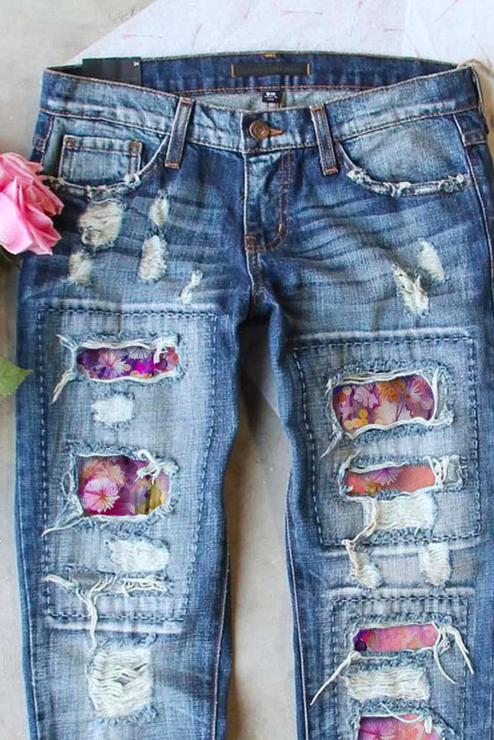 Valentine Heart Patchwork Distressed Straight Leg Jeans