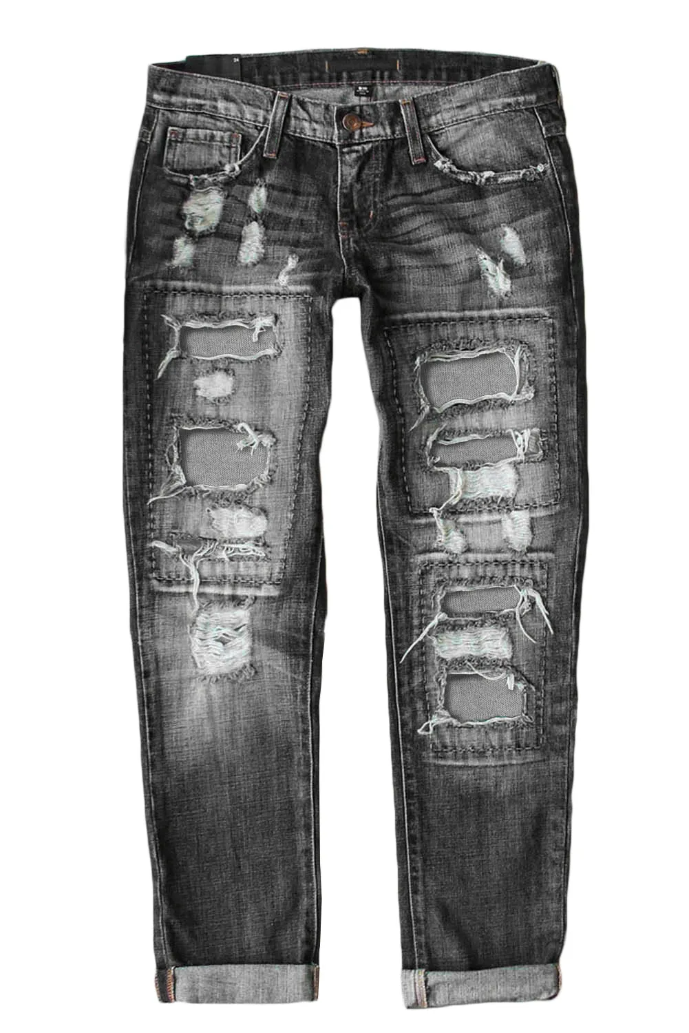 Valentine Heart Patchwork Distressed Straight Leg Jeans