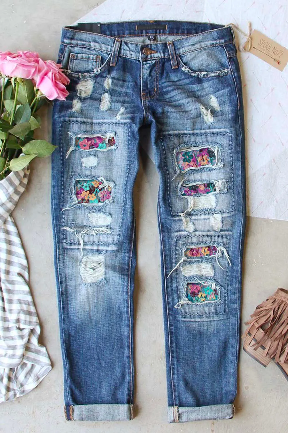 Valentine Heart Patchwork Distressed Straight Leg Jeans