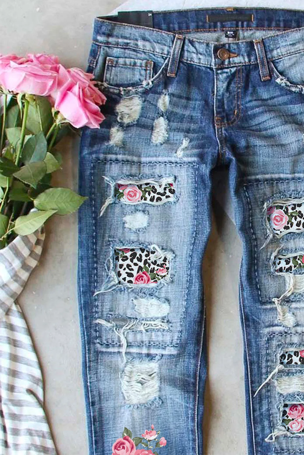 Valentine Heart Patchwork Distressed Straight Leg Jeans