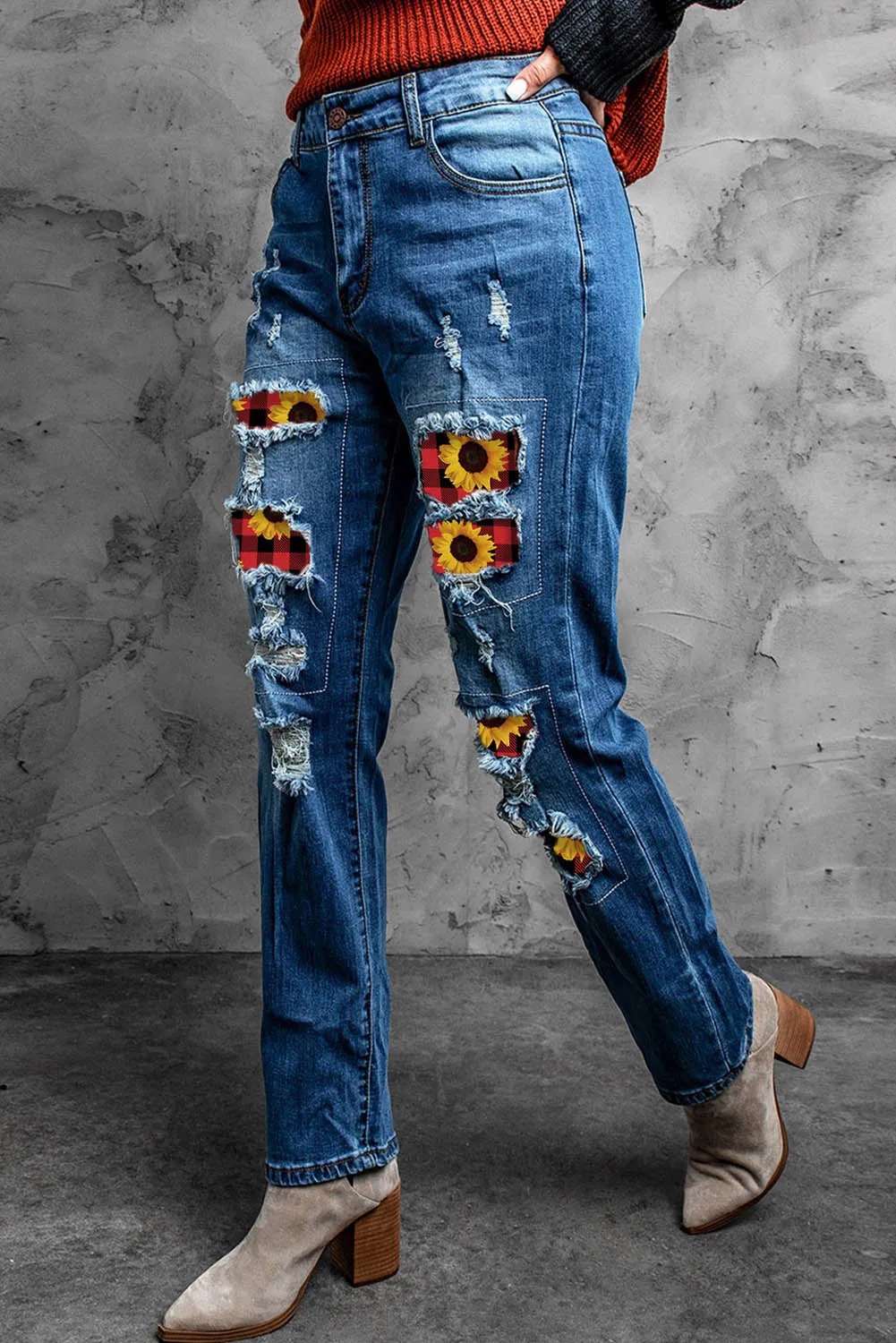 Valentine Heart Patchwork Distressed Straight Leg Jeans