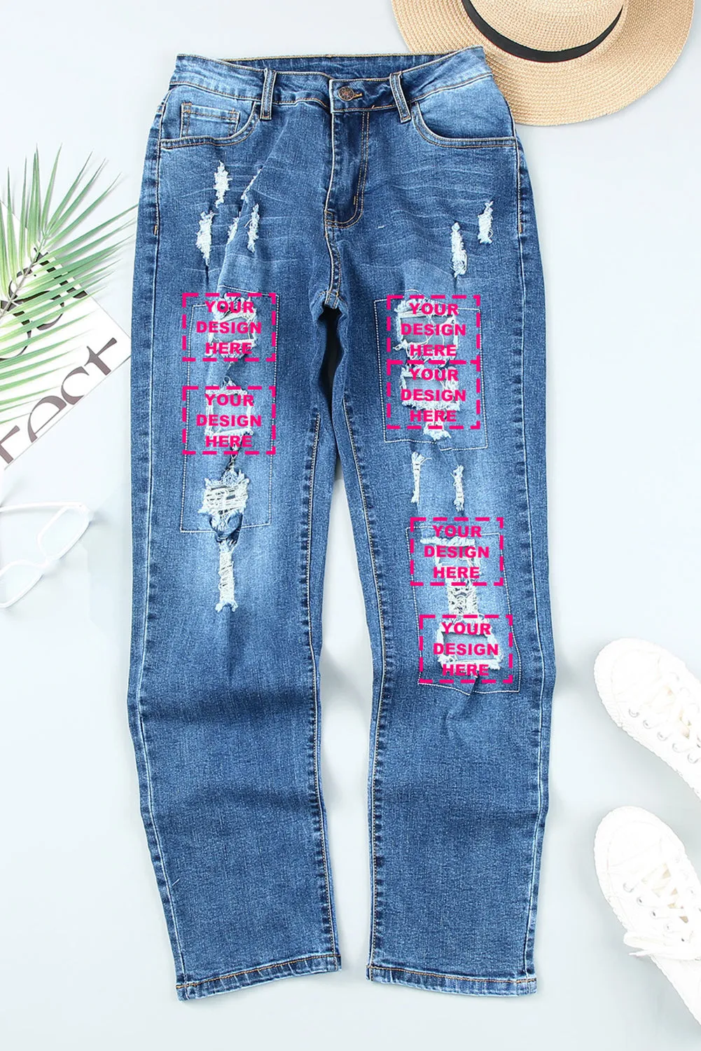 Valentine Heart Patchwork Distressed Straight Leg Jeans