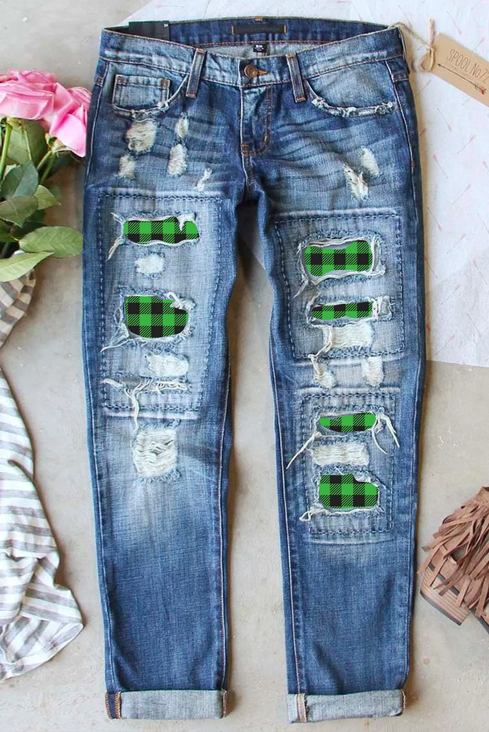 Valentine Heart Patchwork Distressed Straight Leg Jeans