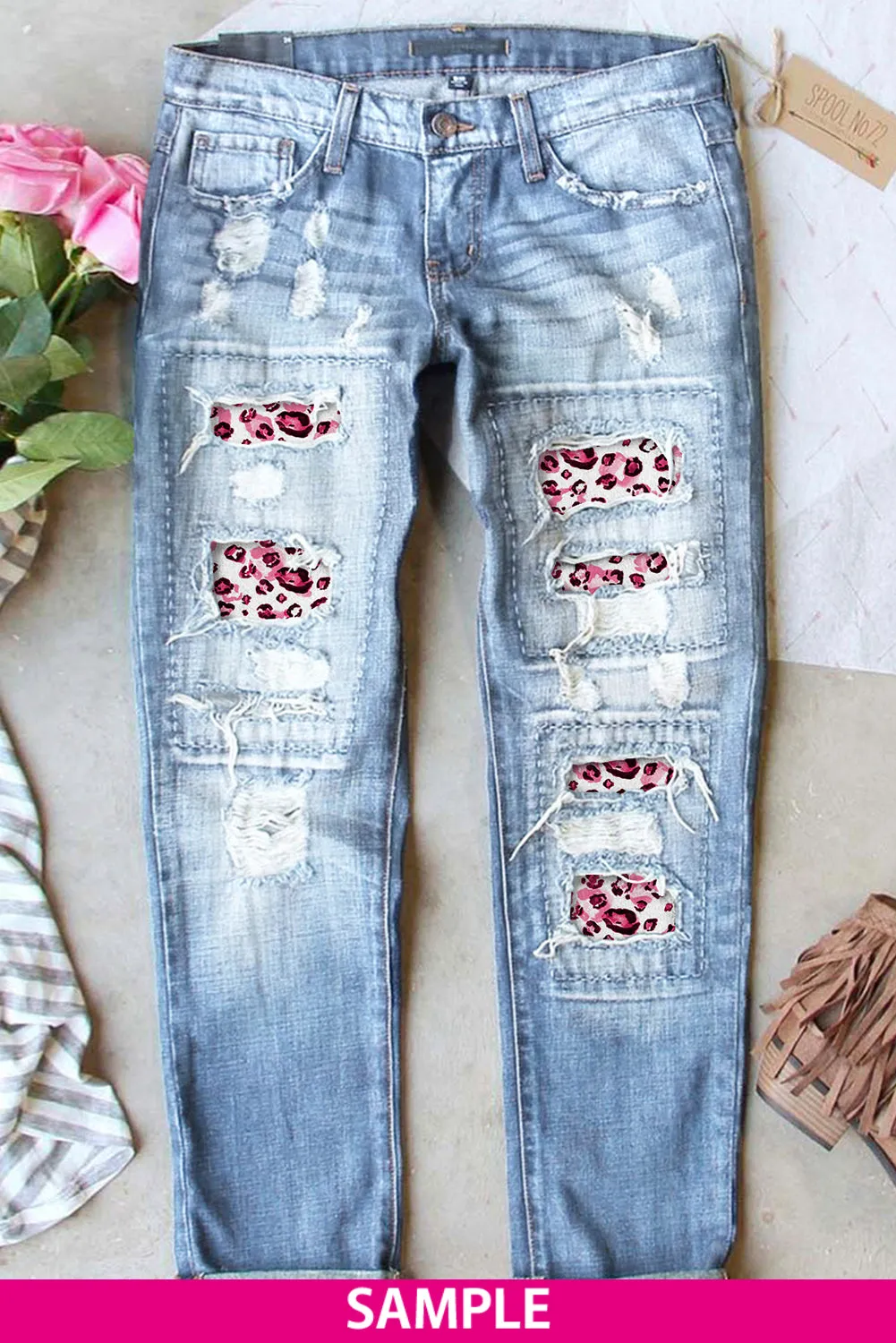 Valentine Heart Patchwork Distressed Straight Leg Jeans