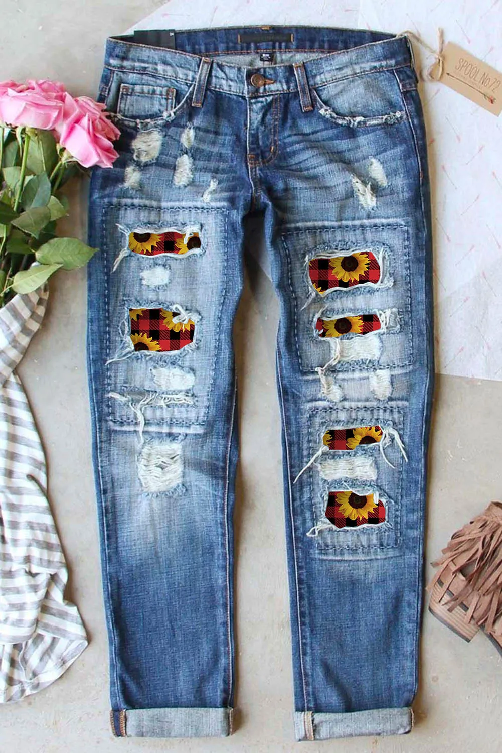 Valentine Heart Patchwork Distressed Straight Leg Jeans