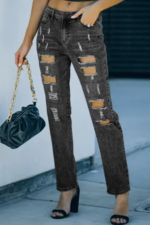 Valentine Heart Patchwork Distressed Straight Leg Jeans