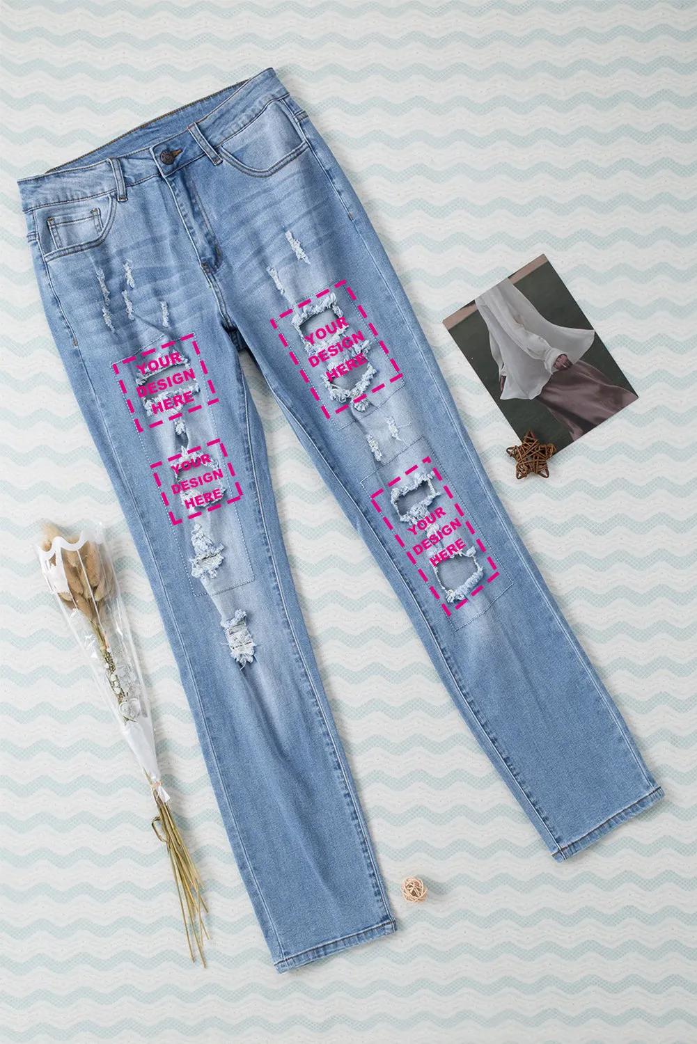 Valentine Heart Patchwork Distressed Straight Leg Jeans