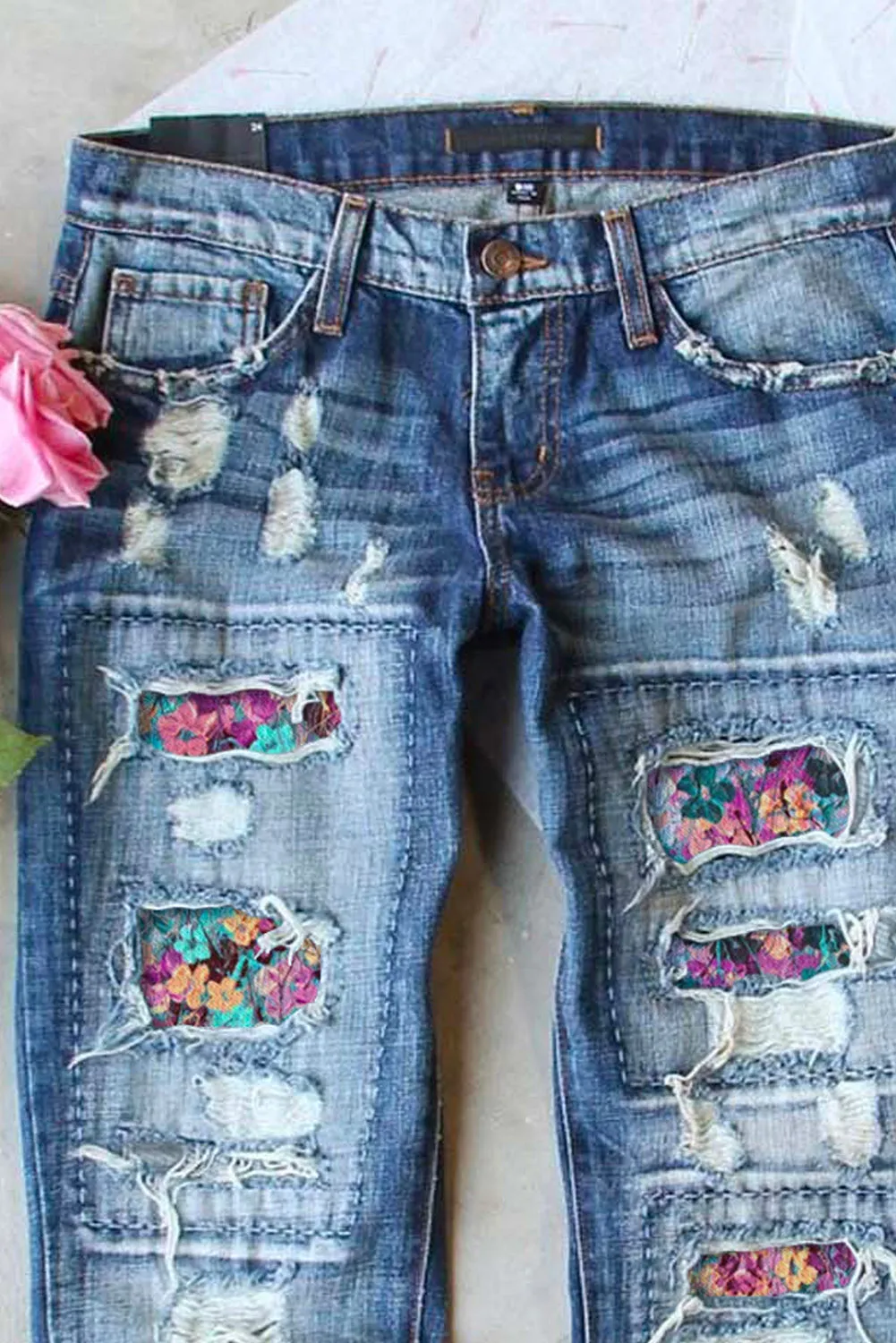 Valentine Heart Patchwork Distressed Straight Leg Jeans