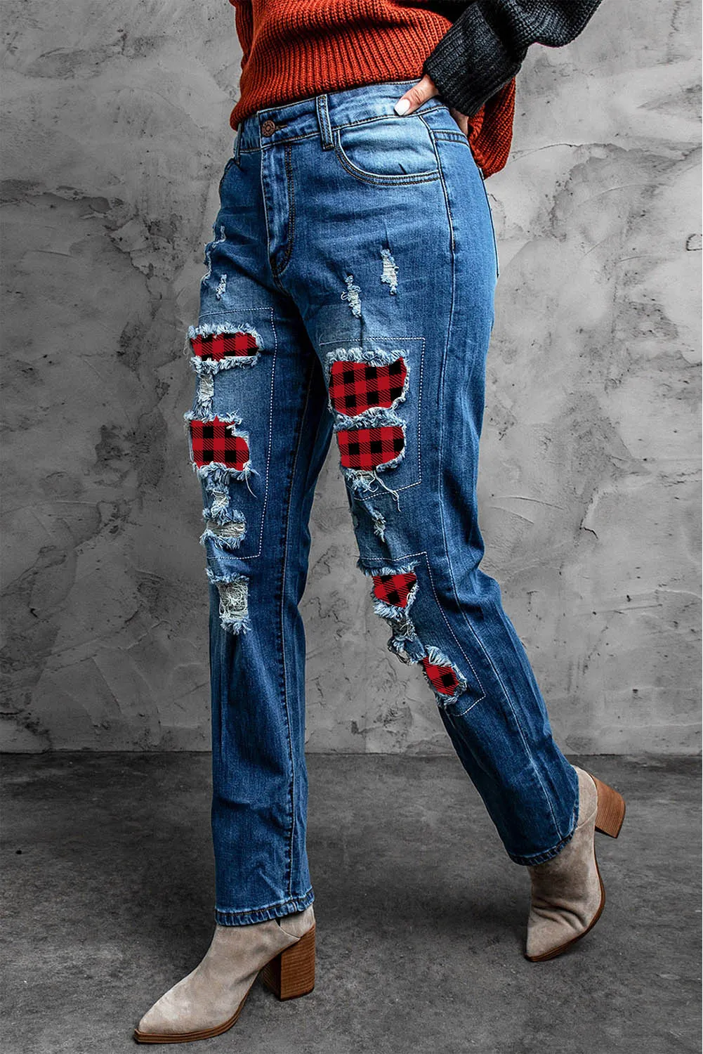 Valentine Heart Patchwork Distressed Straight Leg Jeans