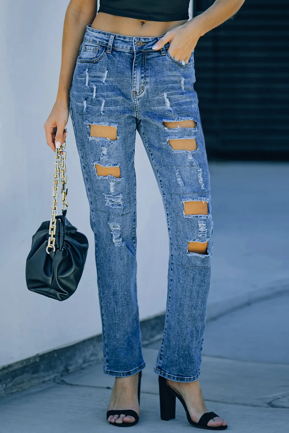 Valentine Heart Patchwork Distressed Straight Leg Jeans