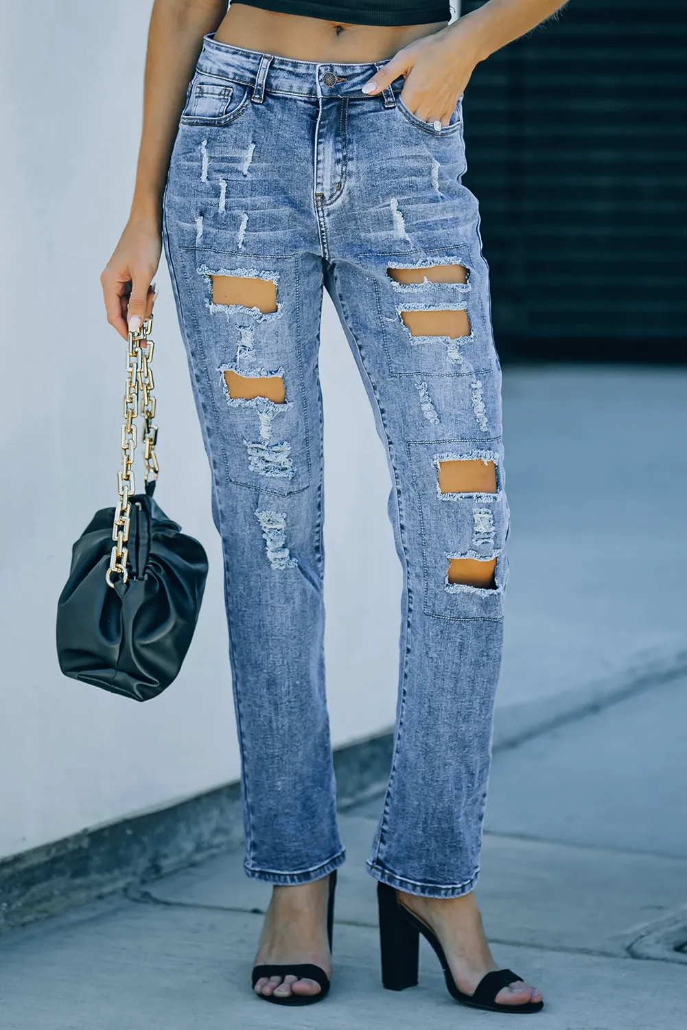 Valentine Heart Patchwork Distressed Straight Leg Jeans