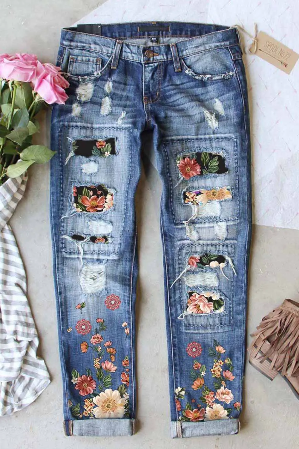 Valentine Heart Patchwork Distressed Straight Leg Jeans