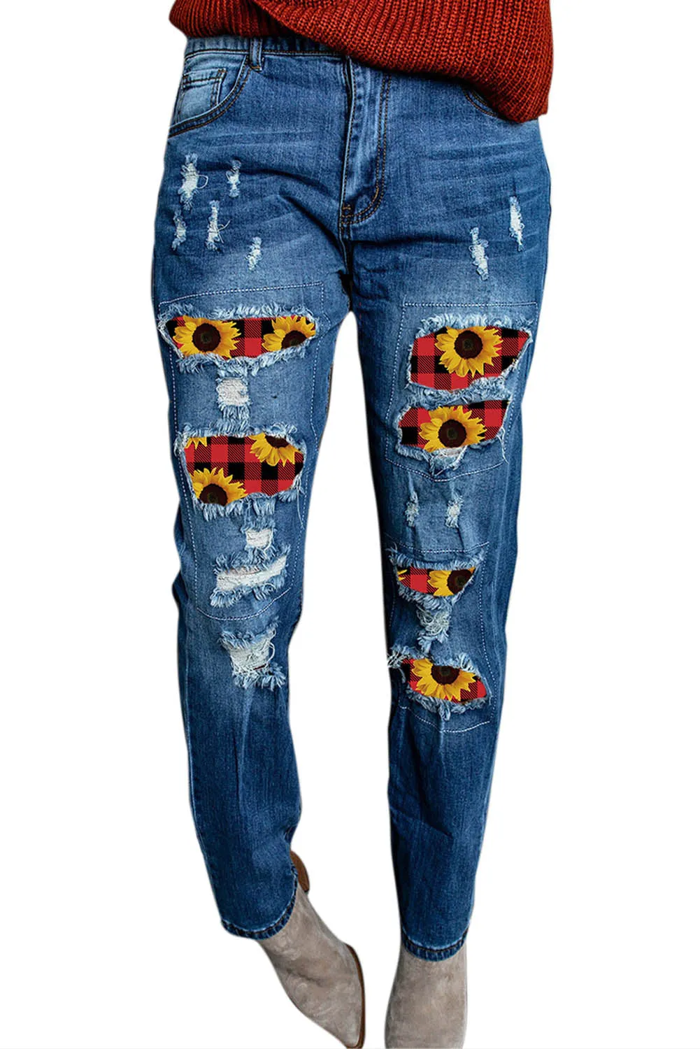 Valentine Heart Patchwork Distressed Straight Leg Jeans