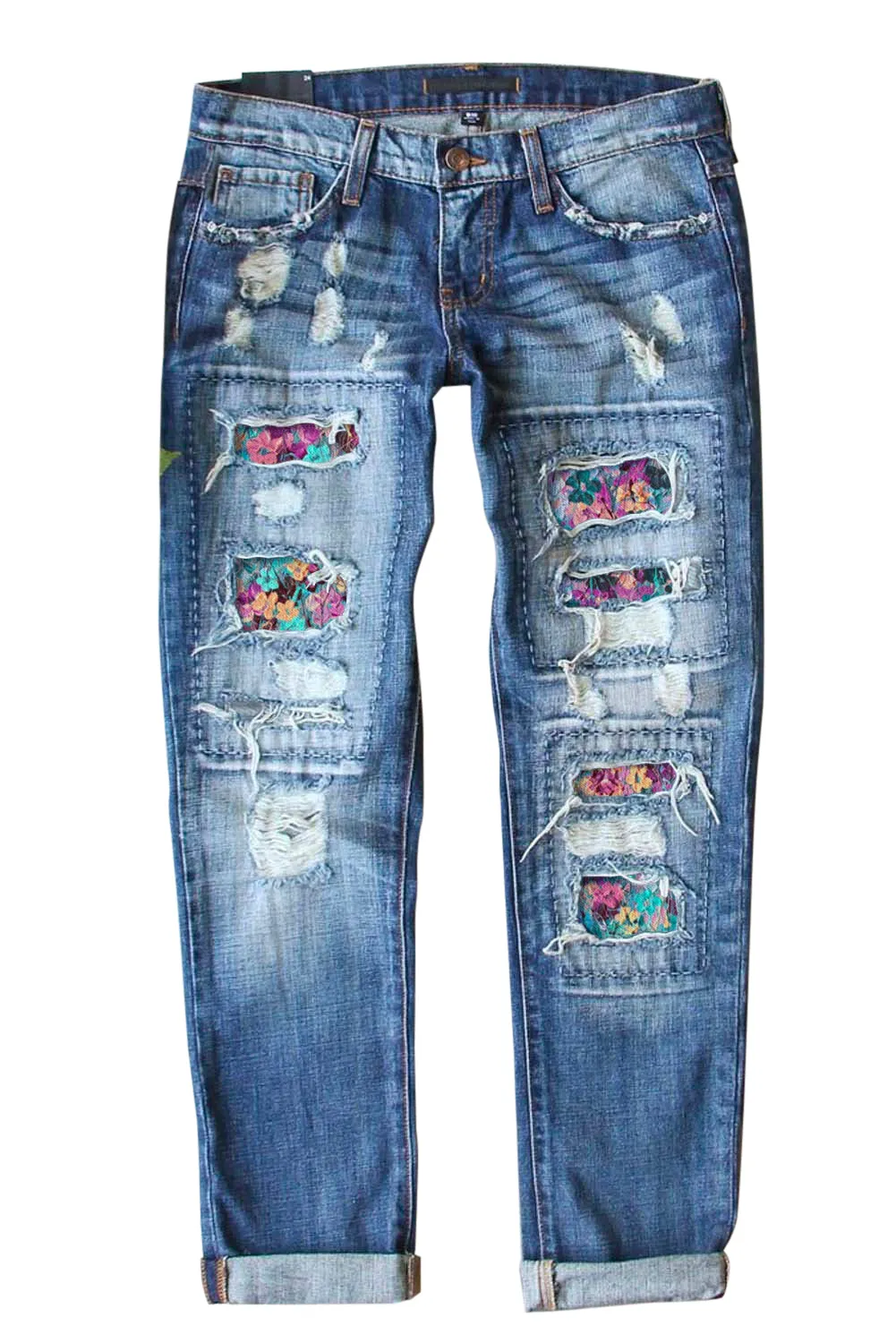 Valentine Heart Patchwork Distressed Straight Leg Jeans