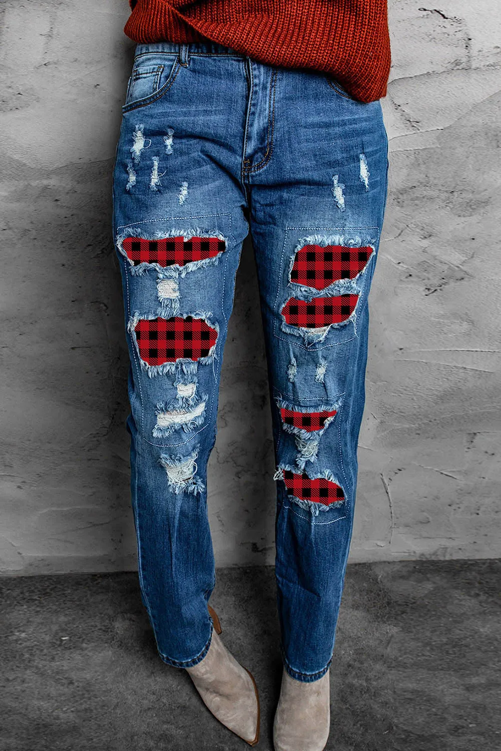 Valentine Heart Patchwork Distressed Straight Leg Jeans