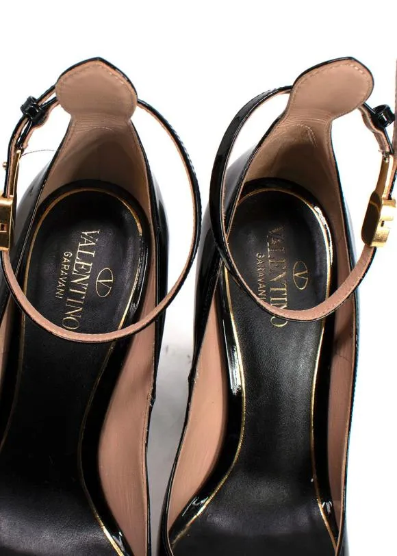 Valentino Garavani Black / gold v-logo Tan-go 155 Patent-leather Platform Pumps UK 5.5 EU 38.5 👠