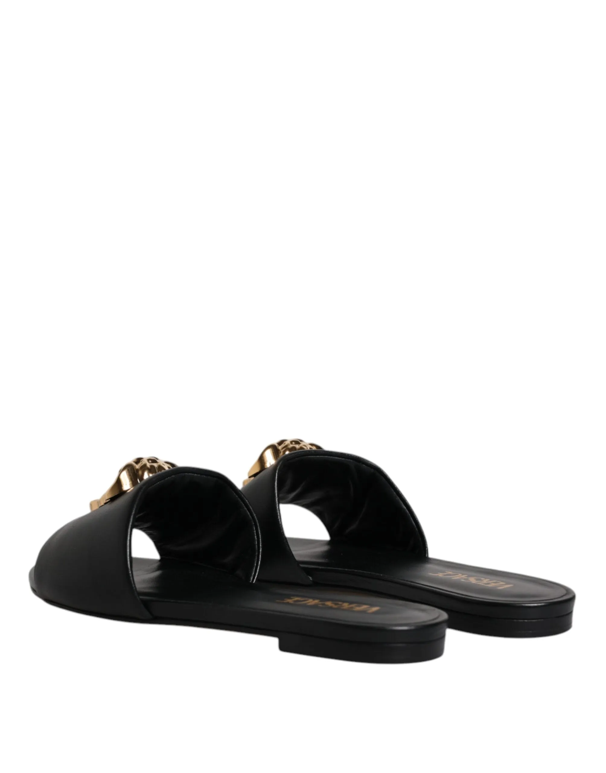 VERSACE Women Black Sandals 100% Leather Logo Plaque Solid Slide Shoes Sz EUR 38